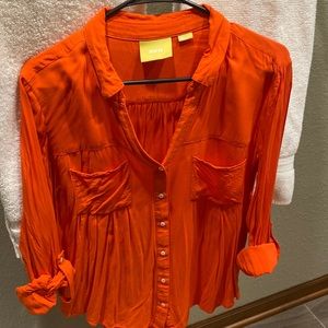 Anthropologie Maeve Women’s Button Down 100% Cotton Blouse Orange Medium